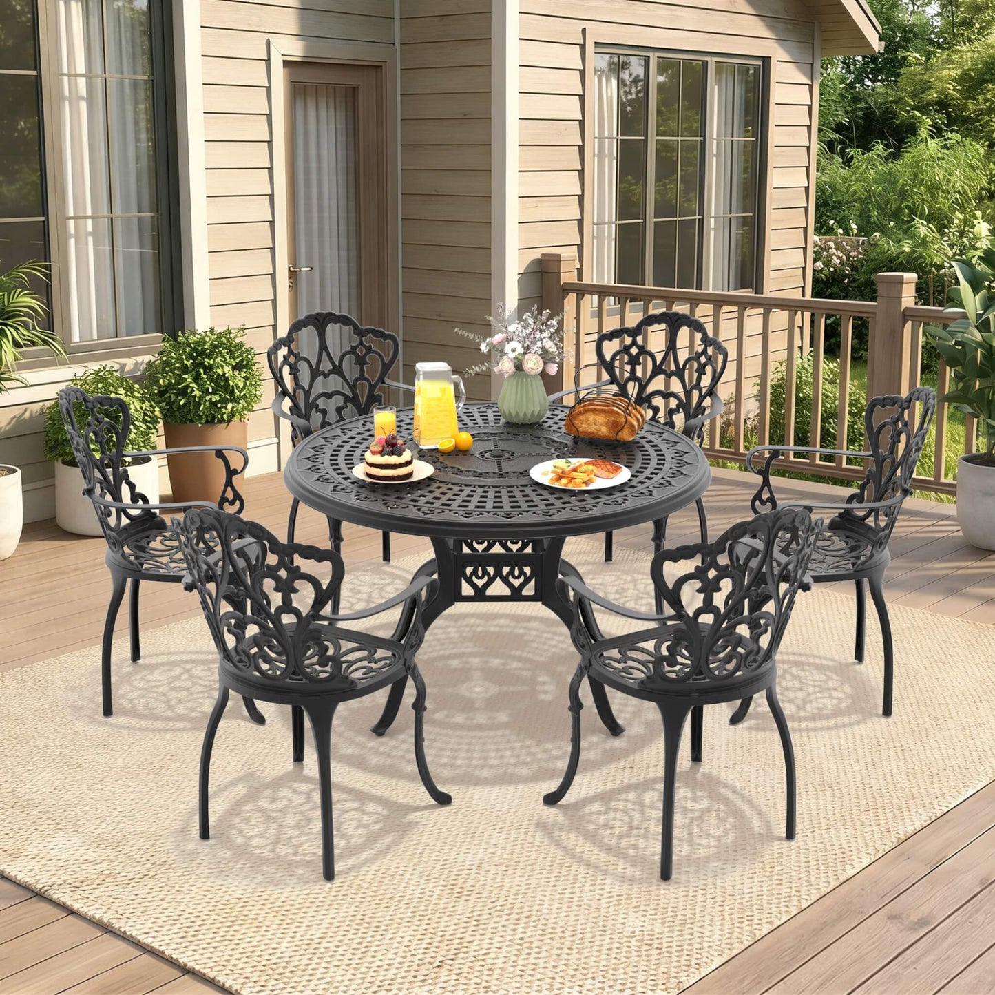 Alora 7-Piece Cast Aluminum Patio Furniture Set With Black Frame And Off-White Cushions (SAK12948)