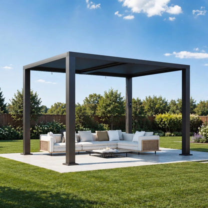 [09X12FT] Alora Premium Outdoor Electric Motorized Louvered Pergola With Built-In LED Lights & Fan (SAK53841)