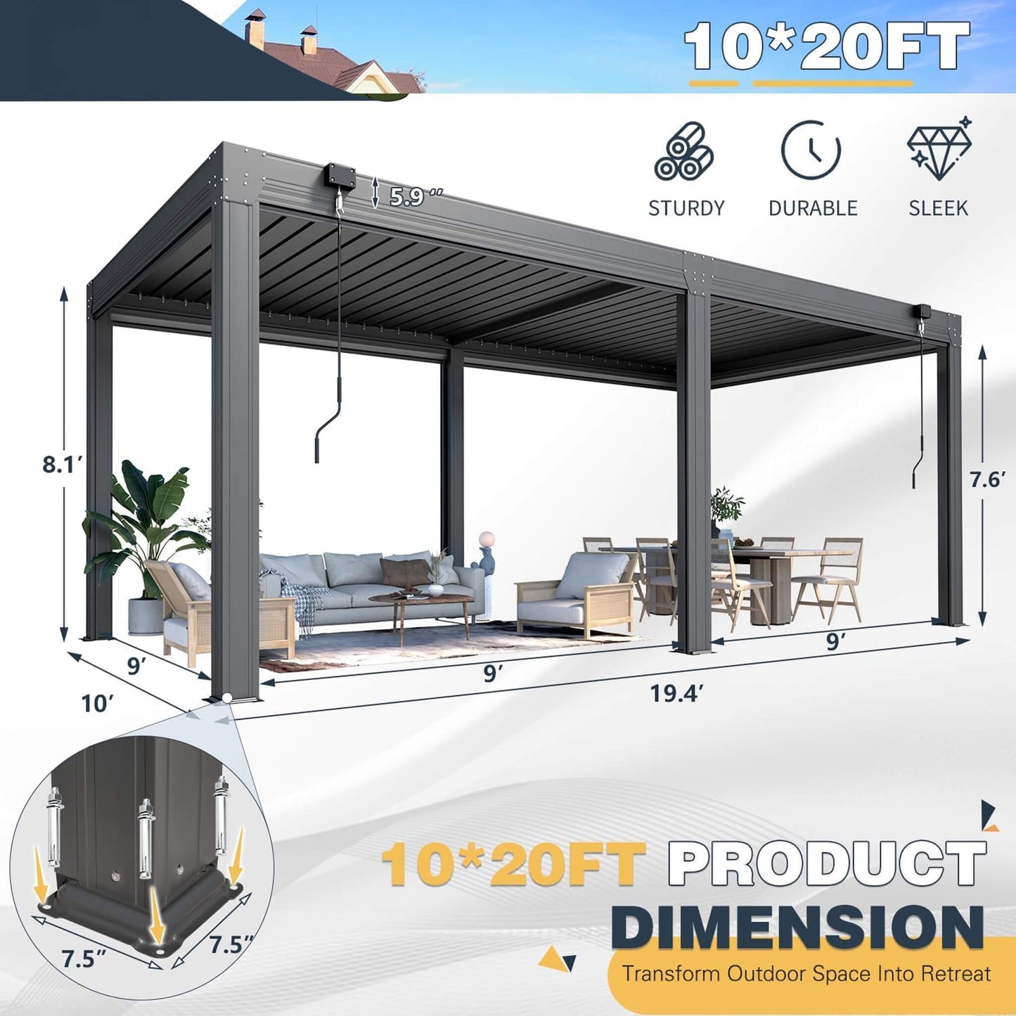 Alora Louvered Aluminum Pergola With Adjustable Roof And Pull-Down Screens (SAK46817)