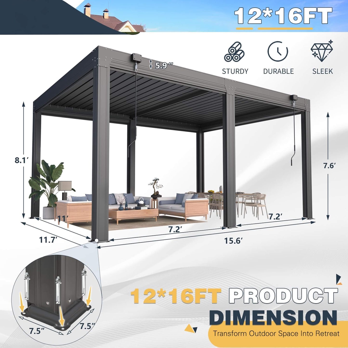 Alora Louvered Aluminum Pergola With Adjustable Roof And Pull-Down Screens (SAK46817)