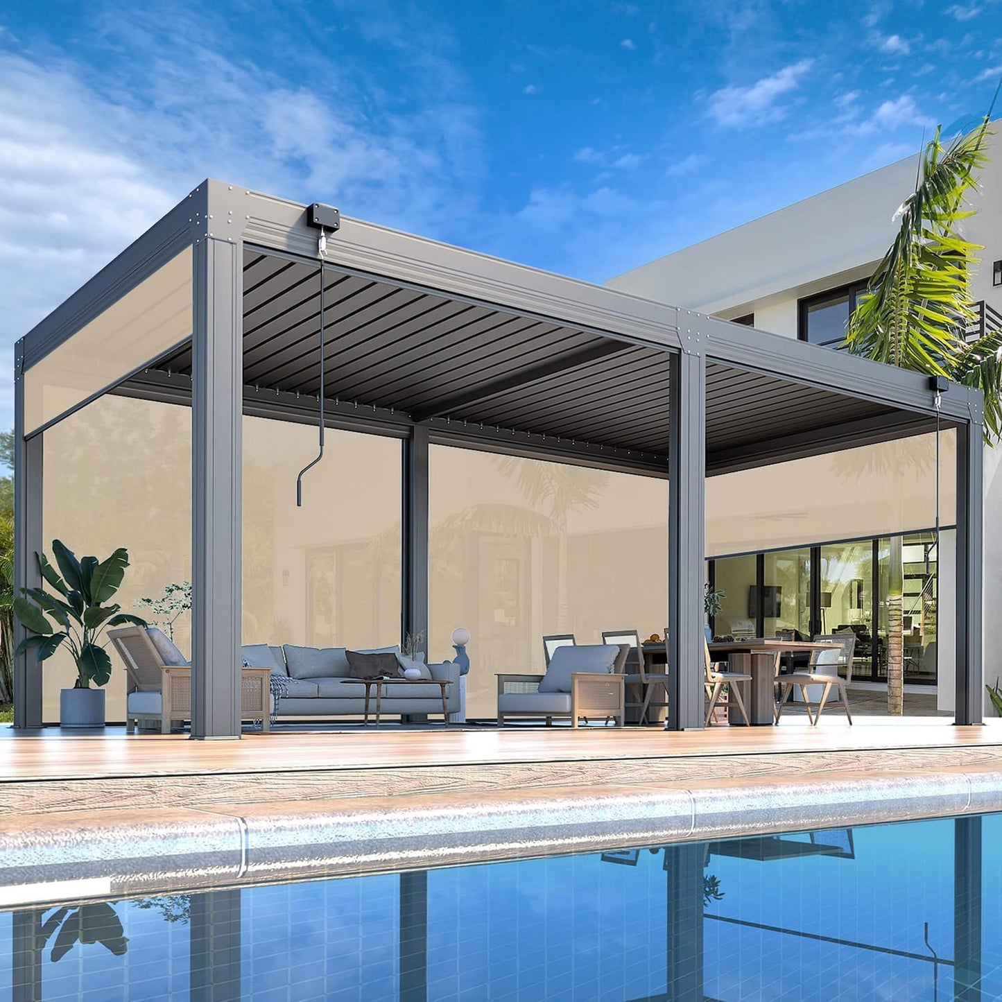 Alora Louvered Aluminum Pergola With Adjustable Roof And Pull-Down Screens (SAK46817)
