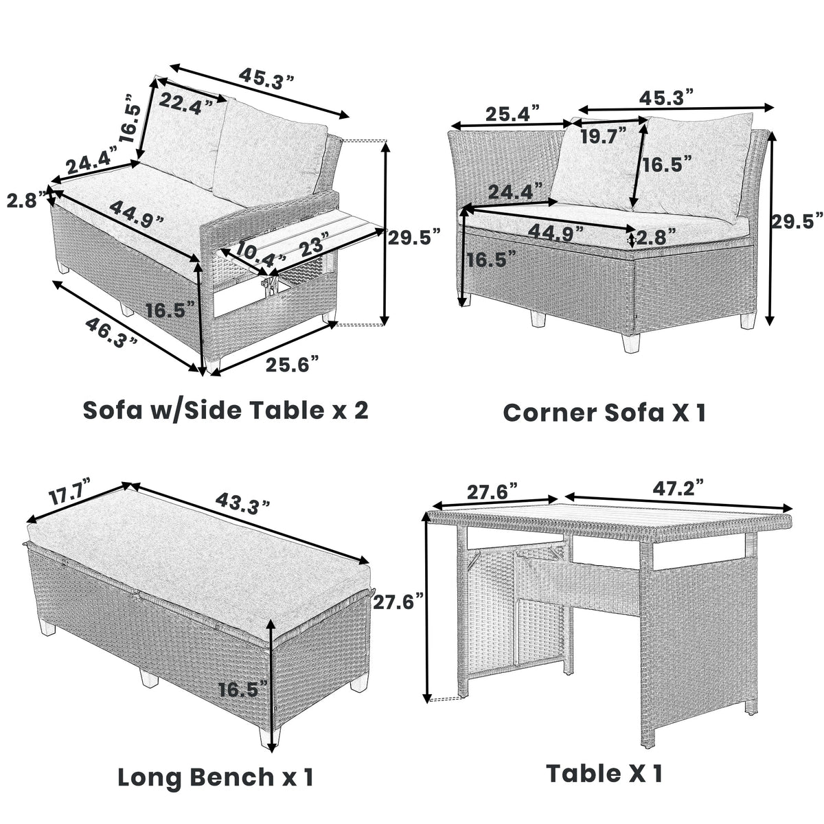 5-Piece L-Shaped Outdoor Rattan Sectional Sofa Set with Dining Table
