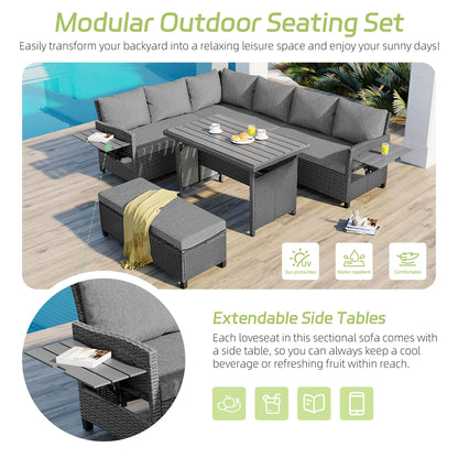 5-Piece L-Shaped Outdoor Rattan Sectional Sofa Set with Dining Table