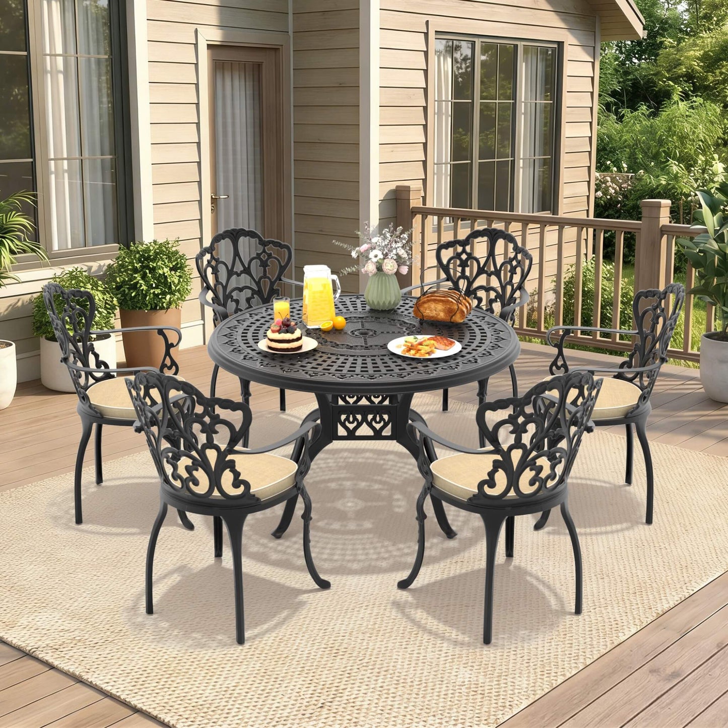 Alora 7-Piece Cast Aluminum Patio Furniture Set With Black Frame And Off-White Cushions (SAK12948)