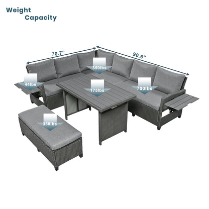 5-Piece L-Shaped Outdoor Rattan Sectional Sofa Set with Dining Table