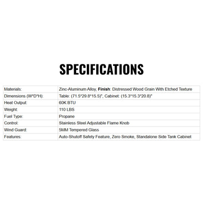 71-Inch Outdoor 60K BTU Fire Pit Table With Wind Guard