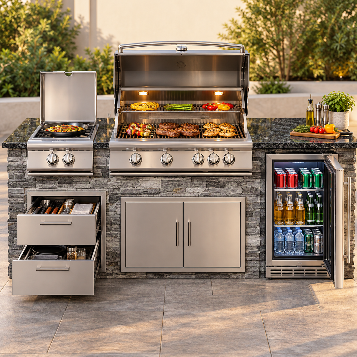 8-Foot Outdoor Kitchen Grill Island – Concrete Base & Granite Countertop -Propane or Natural Gas