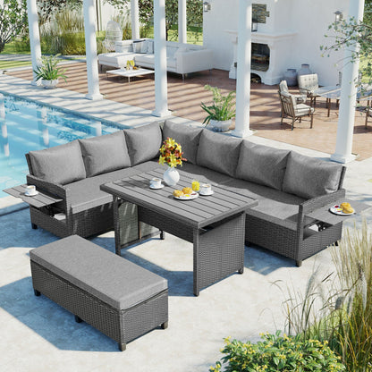 5-Piece L-Shaped Outdoor Rattan Sectional Sofa Set with Dining Table